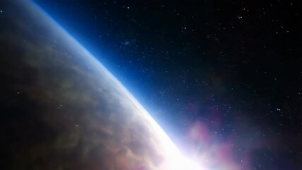 Poster - Earth rotating in space with sun glare and stars