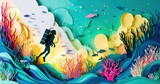 Papercraft illustration depicts diver exploring vibrant coral reef ecosystem. Colorful fish swim among layered ocean plants. Peaceful scene.