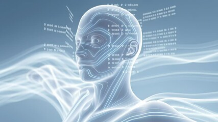 Fototapete - Futuristic digital human figure with glowing lines and abstract waves, representing technology, innovation, and the connection between humanity and digital advancement in a serene environment