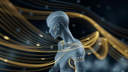 Poster - Futuristic humanoid figure with a blue digital skin texture and glowing golden lines, representing advanced technology and artificial intelligence in a dark, abstract environment