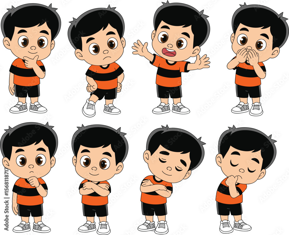 Cute cartoon boy character with different facial expressions, emotional ...