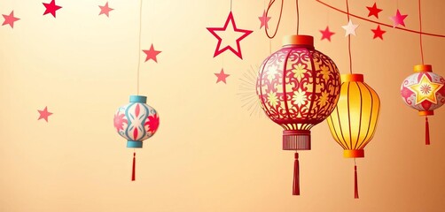 Wall Mural - Cream background, vibrant paper-cut lanterns & stars hang festively,  hanging,  diwali