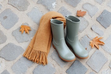 Poster - flat-lay of rain boots and wet scarf on patio stones with scattered leaves