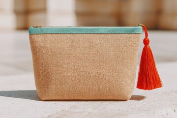 Poster - top-down of straw clutch decorated with coral tassel and teal piping on linen