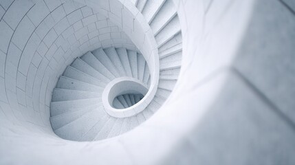 Poster - drone-view overhead of spiral fractal staircase in modern building atrium monochrome palette