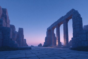 Poster - mystic desert ruins at twilight with carved pillars and open stone plaza
