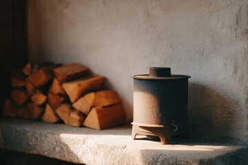 Poster - wood-burning stove in rustic farmhouse corner with iron tools beside