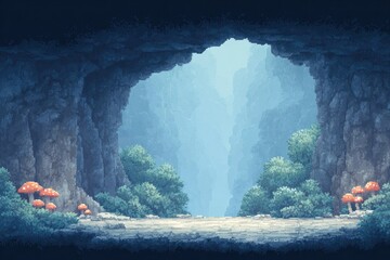 Poster - pixel-art cave interior with flat rocky ground and glowing mushrooms on edges