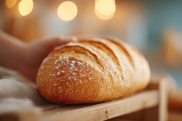 Poster - person gently placing loaf of bread on donation shelf