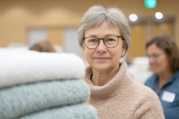 Poster - volunteers folding and stacking blankets in calm space