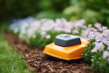 Poster - edge trimmer cutting around flower bed with mulch visible