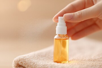 Poster - close-up of spa spritz being used hand pressing mist over towel background
