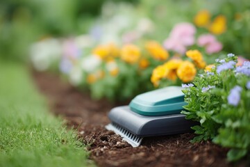 Poster - edge trimmer cutting around flower bed with mulch visible