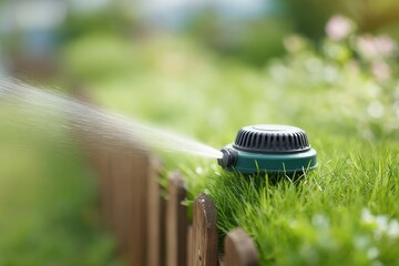 Poster - trimmer in action spraying grass clippings along wooden fence