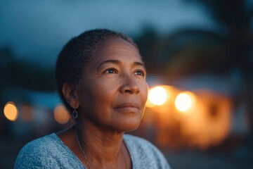 Poster - elderly woman teaching indigenous storytelling by fire in village square