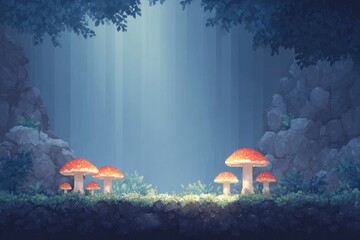 Poster - pixel-art cave interior with flat rocky ground and glowing mushrooms on edges