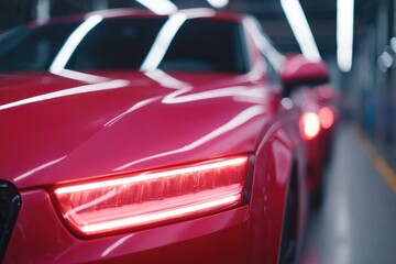 Poster - row of car hoods on drying racks under infrared lights