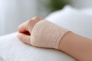 Poster - fractured wrist wrapped in bandage resting on white pillow