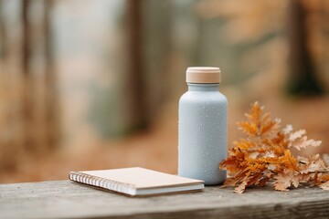 Poster - flat-lay of sketchbook thermos and fallen autumn leaves arranged on bench by misty forest