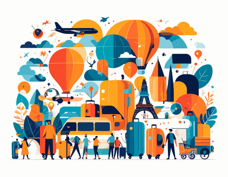 Travel and Tourism Illustration with People Luggage and Transportation Featuring Hot Air Balloons Airplanes and Iconic Architecture in Vibrant Colors