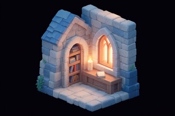 Poster - isometric medieval stone room with bookshelf and arched window