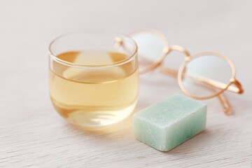 Poster - flat-lay of green tea yoga blocks meditation crystals beside eyeglasses on light wood