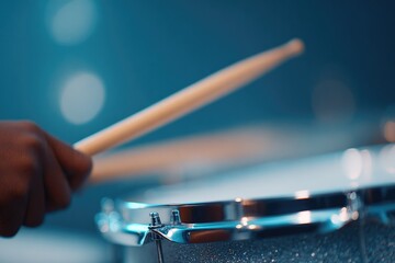 Poster - close-up of drummer hands gripping brushes and snare caught in mid-sweep motion under ambient light