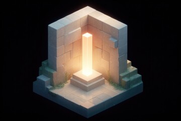 Poster - isometric treasure chamber with empty pedestal in center and glowing light from ceiling