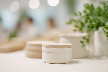 Poster - table with handmade eco-friendly products and blurred people in background