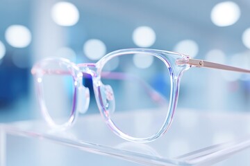 Poster - close-up of eyewear frame hinge and lens detail under studio lighting on transparent stand