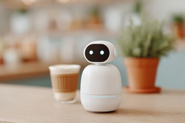 Poster - modern service robot handing out coffee at accessible cafe counter