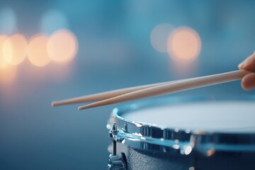 Poster - close-up of drummer hands gripping brushes and snare caught in mid-sweep motion under ambient light