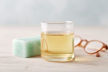 Poster - flat-lay of green tea yoga blocks meditation crystals beside eyeglasses on light wood