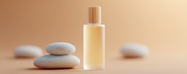 Poster - aromatic spa mist bottle standing between smooth stones and bamboo