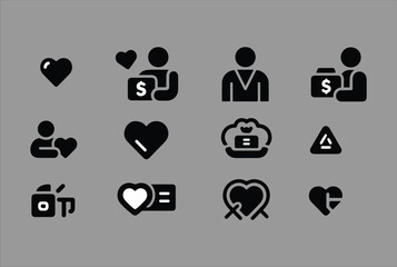 Fototapete - Collection of black vector icons representing concepts like love donation finance communication and data analysis on a gray background