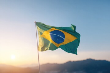 Poster - brazilian flag waving proudly with sunrise in background