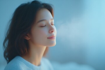 Poster - teen girl with diffuser emitting mist in background