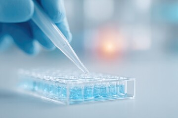Poster - portrait of research scientist pipetting solution into nanotech sample well under blue safety light