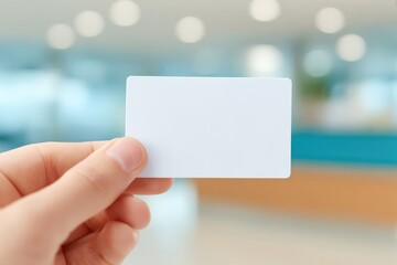 Poster - close-up of hands exchanging business card in co-working lobby with blurred reception desk behind