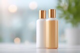 two-tone shampoo bottles and conditioner placed on shelf in salon