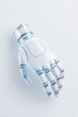 Poster - sleek robotic hand gently rests against smooth white background symbolizing seamless integration of technology within