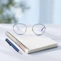 Poster - flat-lay of reusable eco-pen notepad with meeting agenda and glasses on white desk