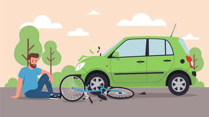  Cyclist Injured in Car Accident - Vector Illustration