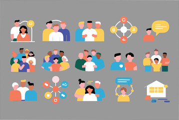 Poster - A collection of flat design icons representing diverse groups of people communication networking and community building on a neutral background