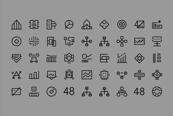 Fototapete - A collection of modern minimalist line icons representing business concepts data analytics technology and organizational structures on a plain gray background