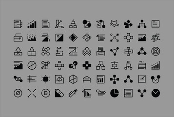 Fototapete - A collection of diverse black line art icons representing business concepts data analysis and organizational structures on a gray background