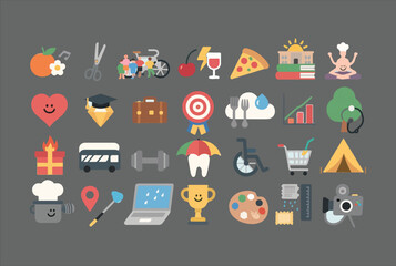 Fototapete - A diverse collection of flat design icons representing various aspects of life including food health education sports travel and creativity on a neutral background