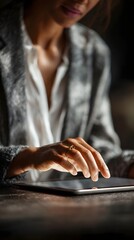 Poster - Focused entrepreneur reviewing investment portfolio on digital tablet