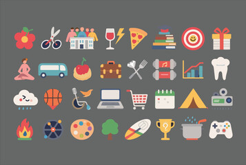 Fototapete - A diverse collection of colorful flat design icons representing various aspects of life including leisure education health food travel and hobbies