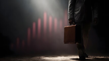 Poster - Businessman carrying briefcase with charts in dramatic spotlight